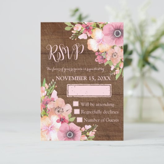 Hout Rustic Pink Flowers Weddenschap RSVP (Staand voorkant)