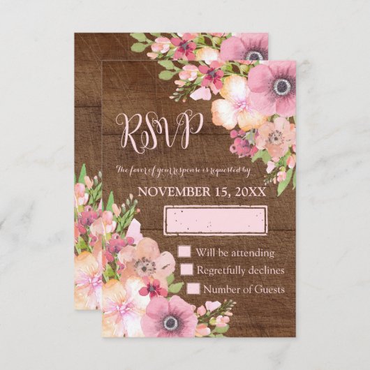 Hout Rustic Pink Flowers Weddenschap RSVP (Voorkant / Achterkant)
