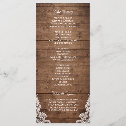 Hout Rustic String Lights Lace Wedding Program Programmakaart (Achterkant)