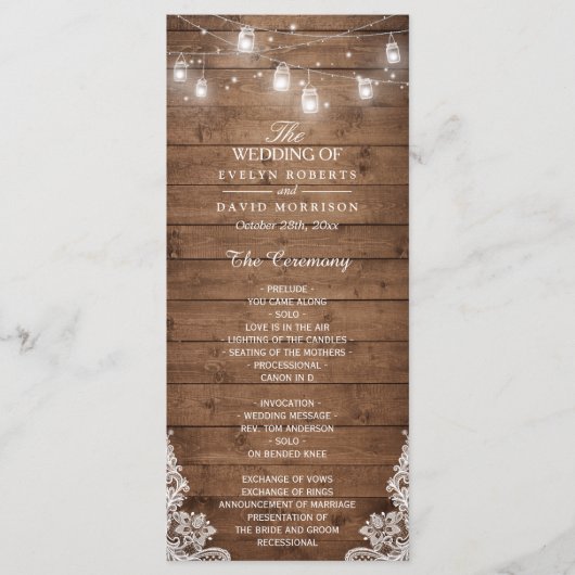 Hout Rustic String Lights Lace Wedding Program Programmakaart (Voorkant)