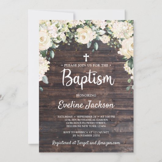 Hout rustiek  groen wit bloemendoop kaart (Voorkant)