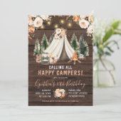 Hout rustiek meisje camping verjaardag uitnodiging (Staand voorkant)