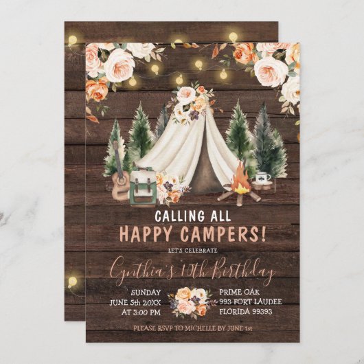 Hout rustiek meisje camping verjaardag uitnodiging (Voorkant / Achterkant)