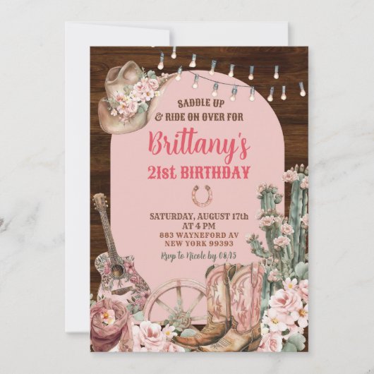 Hout Rustiek Western Roze Laarzen Cowgirl Verjaard Kaart (Voorkant)