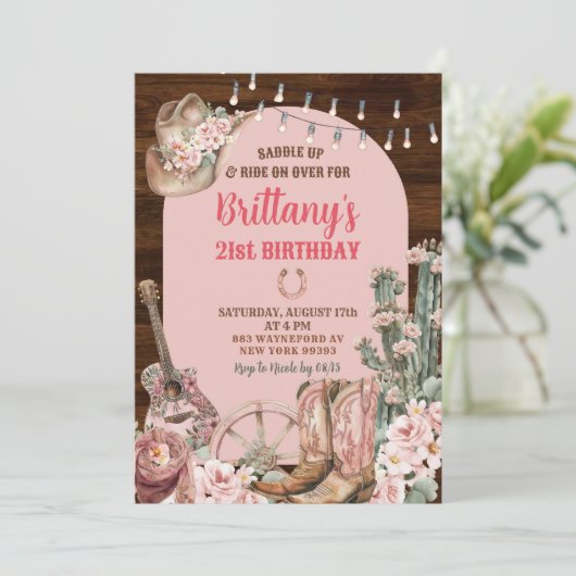 Hout Rustiek Western Roze Laarzen Cowgirl Verjaard Kaart (Staand voorkant)