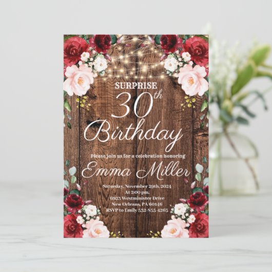 Hout Rustieke Bourgondische Bloemen Verrassing 30e Kaart (Staand voorkant)