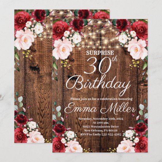 Hout Rustieke Bourgondische Bloemen Verrassing 30e Kaart (Voorkant / Achterkant)