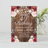 Hout Rustieke Bourgondische Bloemen Verrassing 40e Kaart (Staand voorkant)