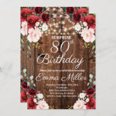 Hout Rustieke Bourgondische Bloemen Verrassing 80e Kaart (Voorkant / Achterkant)