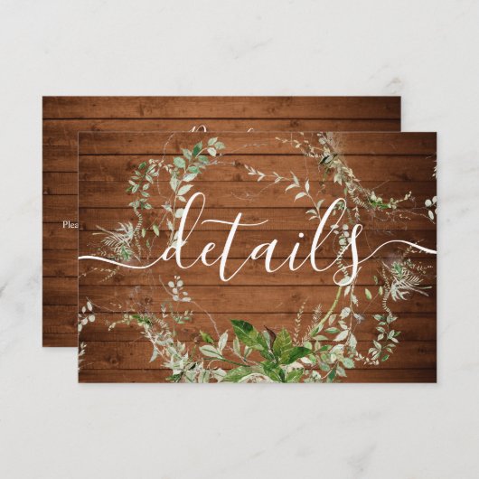 Hout rustieke groen bruiloft details informatiekaartje (Voorkant / Achterkant)
