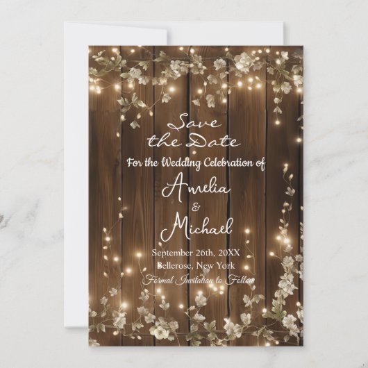 Hout Rustieke String Lichten Witte Bloem Save The Date (Voorkant)