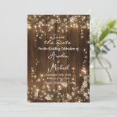 Hout Rustieke String Lichten Witte Bloem Save The Date (Staand voorkant)