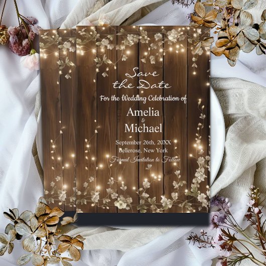 Hout Rustieke String Lichten Witte Bloem Save The Date