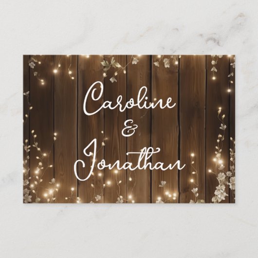 Hout Rustieke String Lichten Witte Bloemen Details Informatiekaartje (Voorkant)