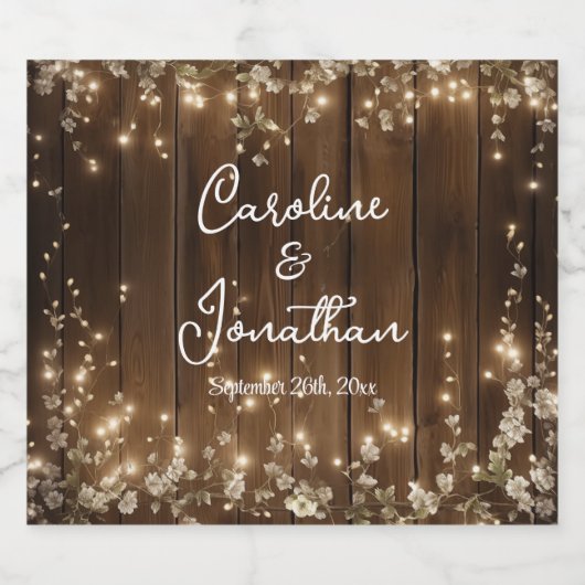 Hout Rustieke String Lichten Witte Bloemen Huwelij Bier Etiket (Enkel label)