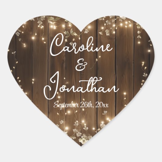 Hout Rustieke String Lichten Witte Bloemen Huwelij Hart Sticker (Voorkant)