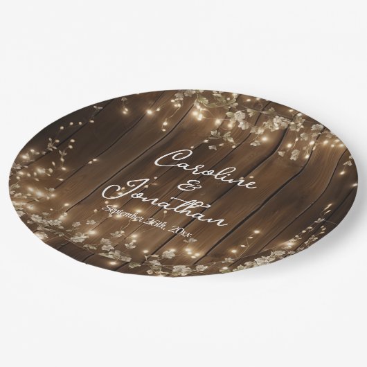Hout Rustieke String Lichten Witte Bloemen Huwelij Papieren Bordje (Gekanteld)