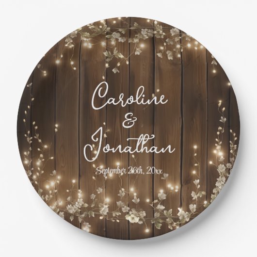 Hout Rustieke String Lichten Witte Bloemen Huwelij Papieren Bordje