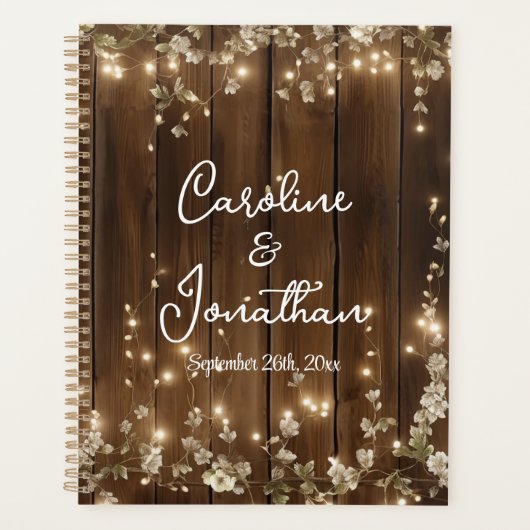 Hout Rustieke String Lichten Witte Bloemen Huwelij Planner (Voorkant)