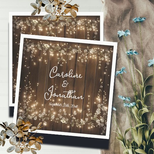 Hout Rustieke String Lichten Witte Bloemen Huwelij Servet