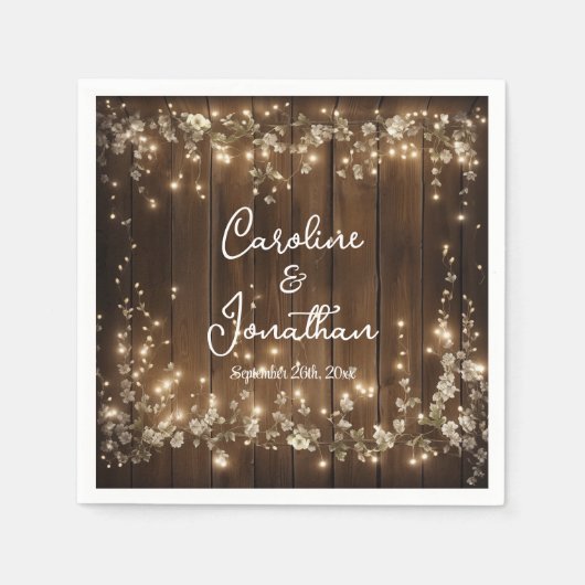 Hout Rustieke String Lichten Witte Bloemen Huwelij Servet (Voorkant)