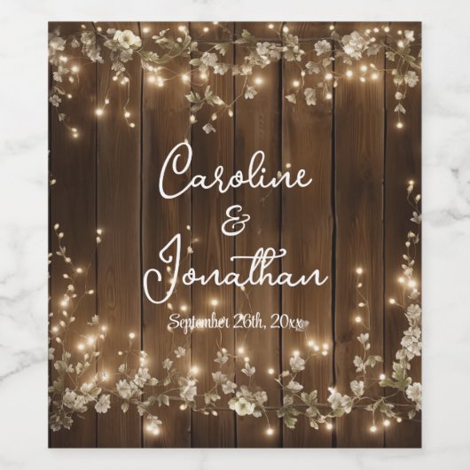 Hout Rustieke String Lichten Witte Bloemen Huwelij Wijn Etiket (Enkel label)