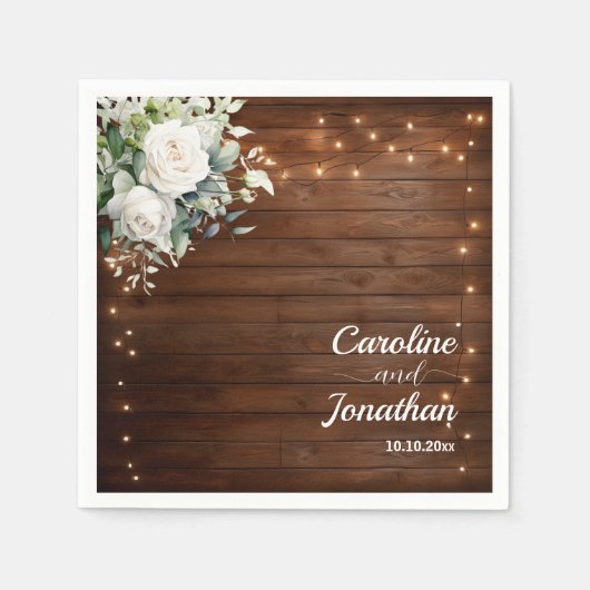 Hout Rustieke String Lichten Witte Rozen Huwelijk Servet (Voorkant)