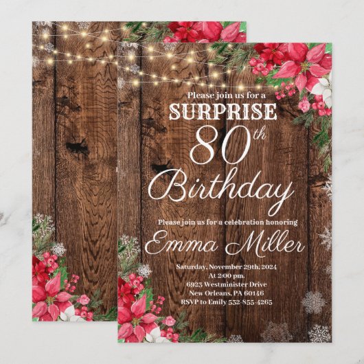 Hout Rustieke Winter Verrassing 80e Verjaardag Kaart (Voorkant / Achterkant)