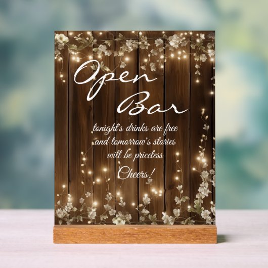 Hout Rustieke Witte Bloemen String Lichten Open Ba Acryl Bord (Neutraal)