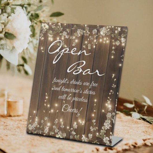 Hout Rustieke Witte Bloemen String Lichten Open Ba Reclamebord Met Voetstuk