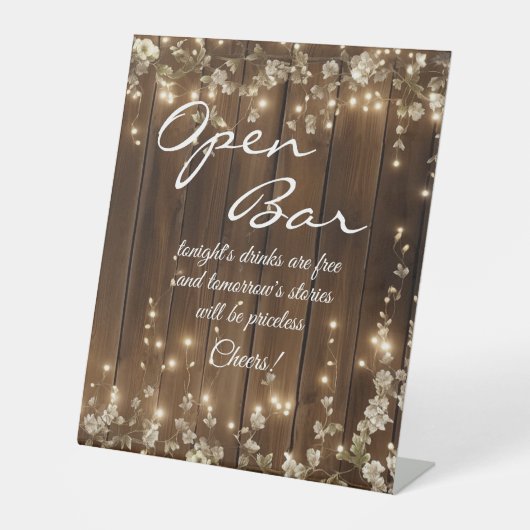 Hout Rustieke Witte Bloemen String Lichten Open Ba Reclamebord Met Voetstuk (Voorkant)