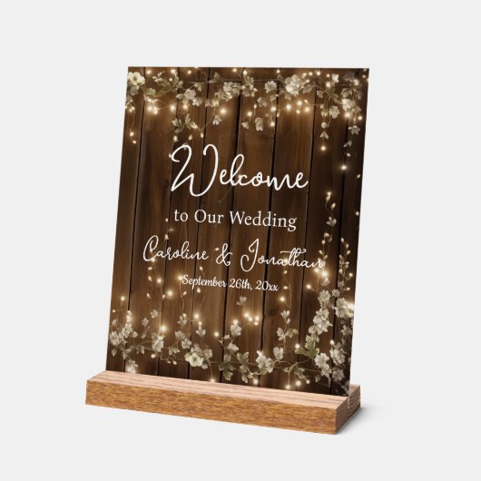 Hout Rustieke Witte Bloemen String Lichten Welkom Acryl Bord (Hoek)