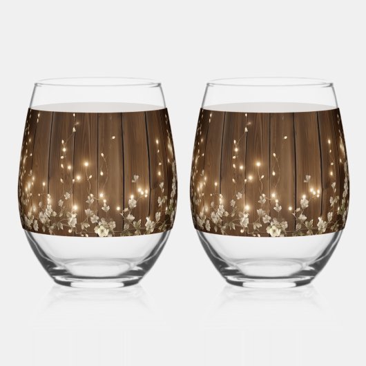 Hout Rustieke Witte Bloemen String Lights Wedding Wijnglas Zonder Voet (Achterkant)