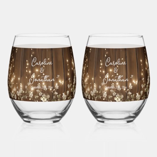 Hout Rustieke Witte Bloemen String Lights Wedding Wijnglas Zonder Voet (Voorkant)