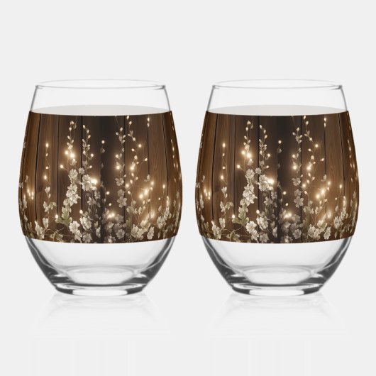 Hout Rustieke Witte Bloemen String Lights Wedding Wijnglas Zonder Voet (Links)