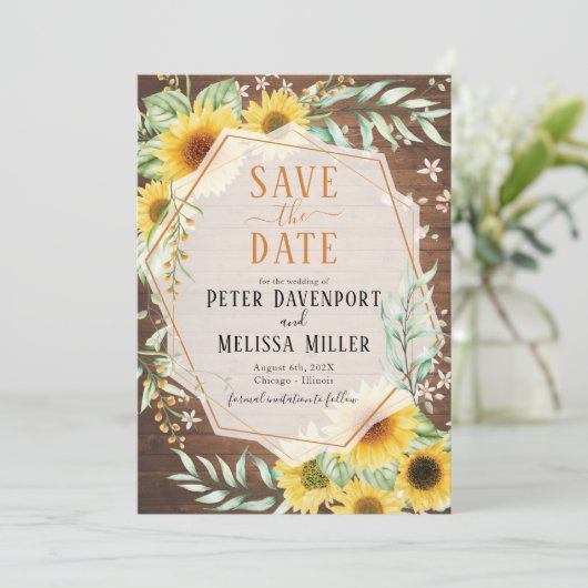 Hout Rustige Zonnebloem Sparen de Datum Aankondiging (Staand voorkant)