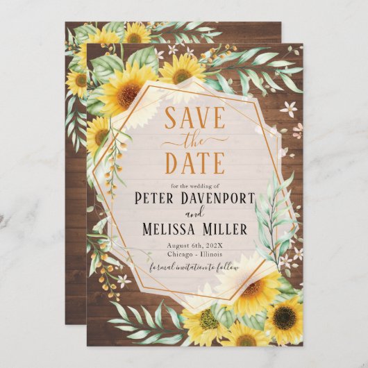Hout Rustige Zonnebloem Sparen de Datum Aankondiging (Voorkant / Achterkant)