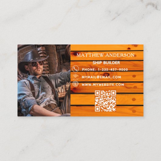 Hout scheepsbouwer foto QR code Visitekaartje (Achterkant)