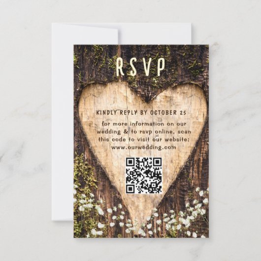 Hout Schors Hart Rustieke Bruiloft QR code RSVP Kaartje (Voorkant)