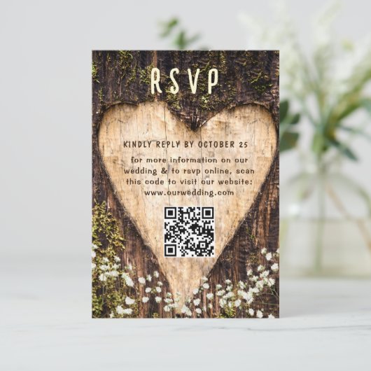 Hout Schors Hart Rustieke Bruiloft QR code RSVP Kaartje (Staand voorkant)