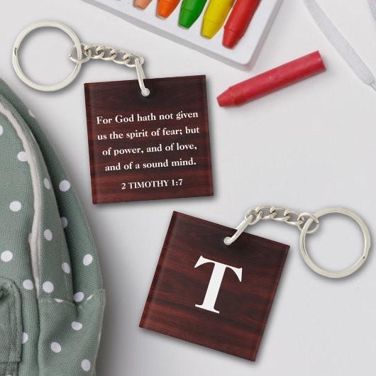 Hout Schrift 2Timothy 1:7  Monogram Sleutelhanger