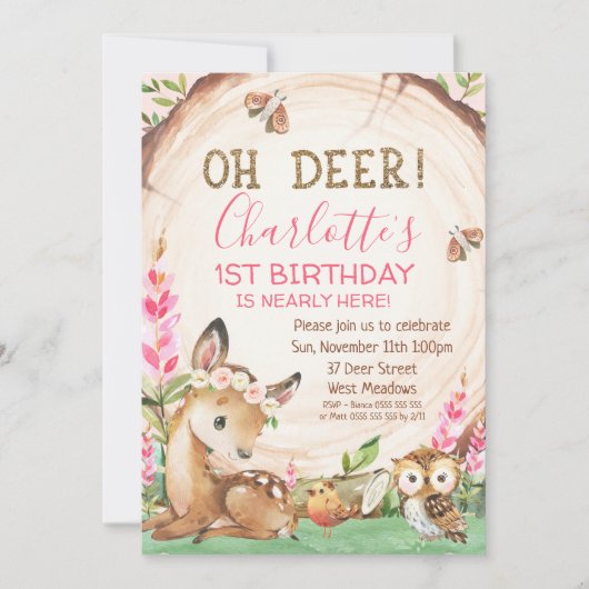 Hout Slice Floral Oh Deer Girls Birthday Kaart (Voorkant)