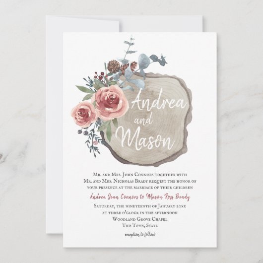 Hout Slice Roos en Eucalyptus Wedding Kaart (Voorkant)