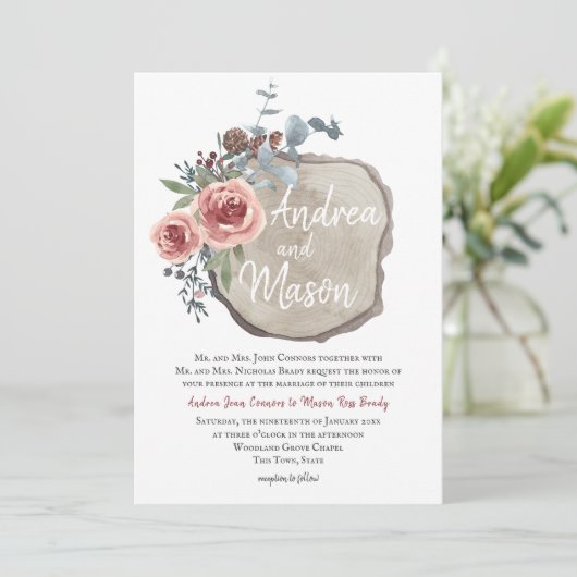Hout Slice Roos en Eucalyptus Wedding Kaart (Staand voorkant)