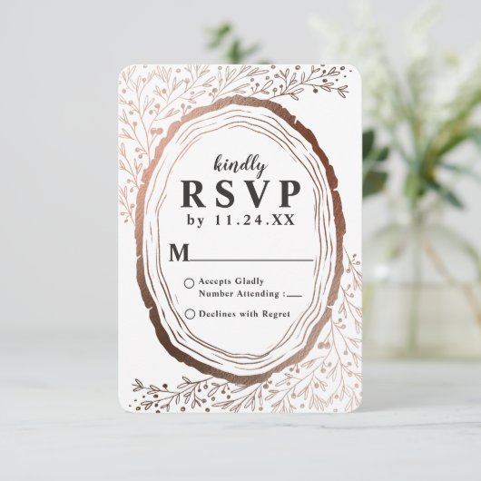 Hout Slice rustieke koperen Folie herfst bruiloft  RSVP Kaartje (Staand voorkant)