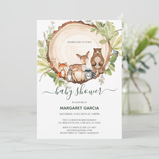 Hout Slice Tree Woodland Animal Baby shower Kaart (Staand voorkant)