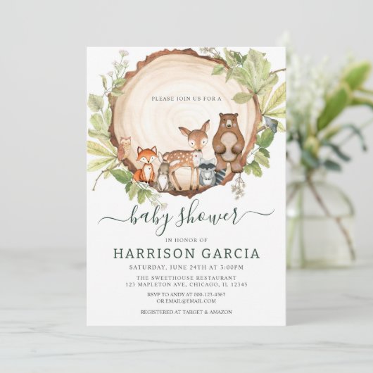 Hout Slice Tree Woodland Animals Baby shower Kaart (Staand voorkant)