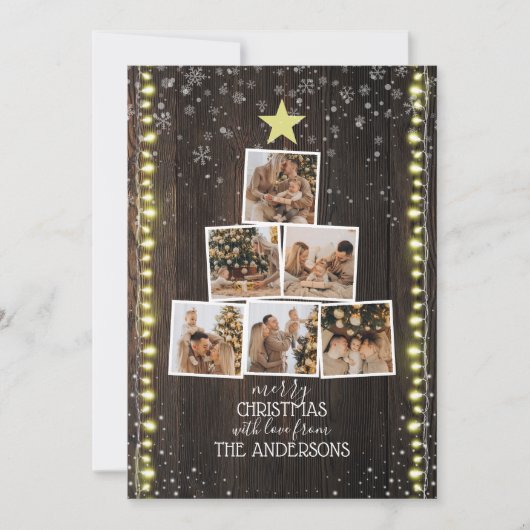 Hout-, sneeuw- en tekenlampjes | 6-fotokerstfeest feestdagenkaart (Voorkant)