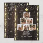 Hout-, sneeuw- en tekenlampjes | 6-fotokerstfeest feestdagenkaart (Voorkant / Achterkant)