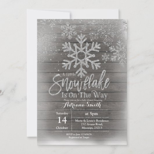 Hout sneeuwvlok is op weg naar baby shower kaart (Voorkant)